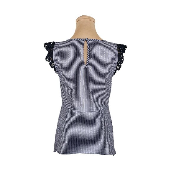 Cabi Navy Blue and White Striped Blouse With Frilly Lace Shoulders Sz XS - Picture 4 of 8